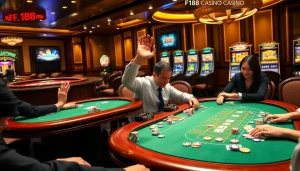 Players placing bets at F168 casino tables, showcasing poker action and excitement.