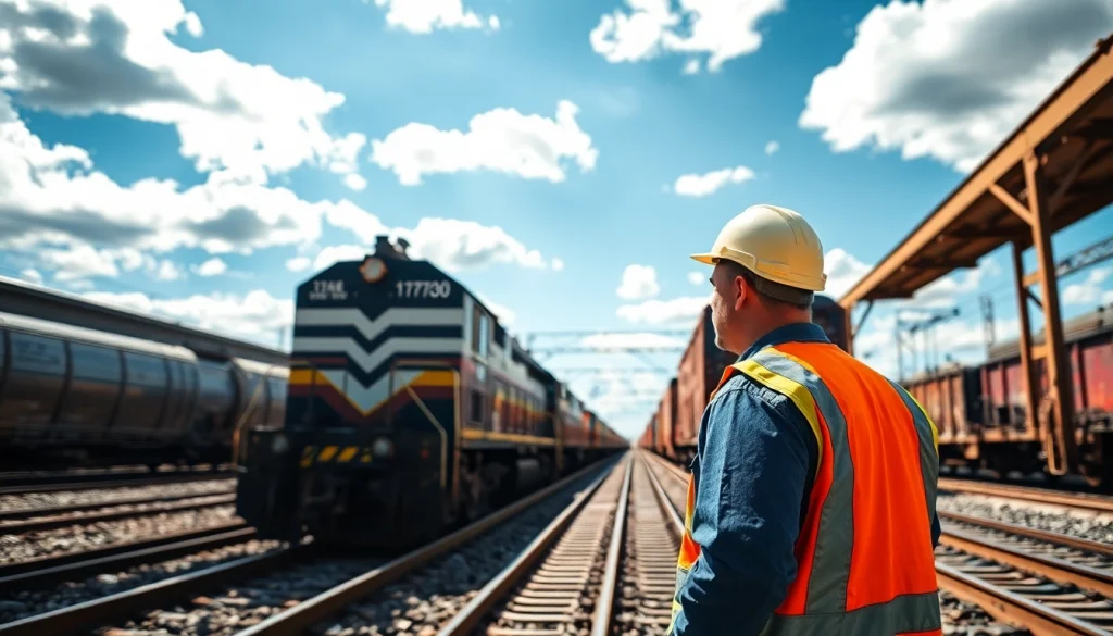 Explore various rail jobs in a vibrant train yard setting showcasing dynamic freight operations.