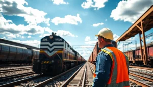 Explore various rail jobs in a vibrant train yard setting showcasing dynamic freight operations.
