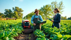Engaging scene depicting agricultural law discussions between a farmer and a lawyer.