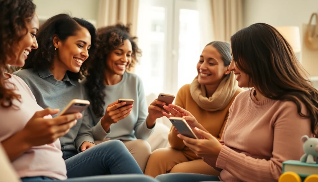Mothers using a Postpartum support app in a cozy living room, showcasing community support.