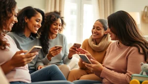 Mothers using a Postpartum support app in a cozy living room, showcasing community support.