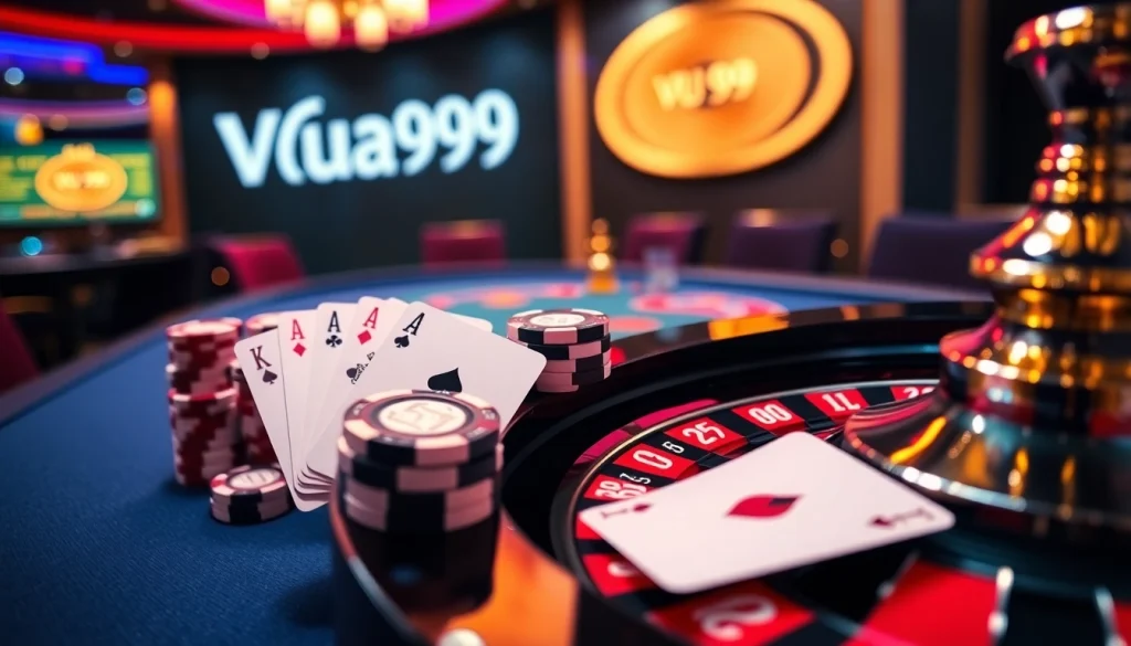 Vua99 poker chips and cards glimmer on an upscale casino table, inviting excitement.