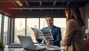 Review listings with a professional in Real Estate at a modern office setting, enhancing client engagement.