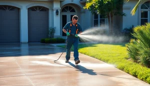 Pressure wash technician cleaning a driveway in Kissimmee, FL, highlighting sparkling results.