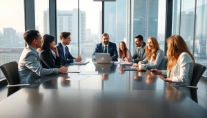 Business professionals collaborating in a modern office environment.