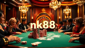Engaging poker game scene with nk88 chips and players strategizing bets.