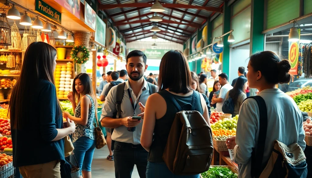 Nuvelios.org의 맞춤형 여행 경험을 제공하는 전문가가 활기찬 시장에서 관광객과 소통하는 모습.