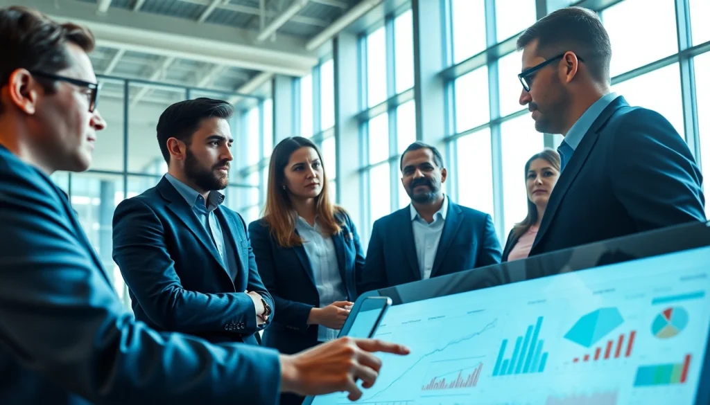 Business team collaborating in a modern office, showcasing innovations and strategy.