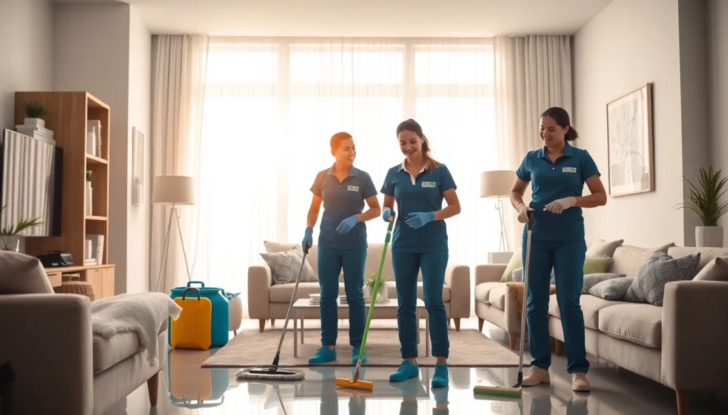 Dedicated team from a cleaning company efficiently working in a sunlit living room.