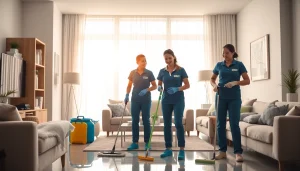 Dedicated team from a cleaning company efficiently working in a sunlit living room.