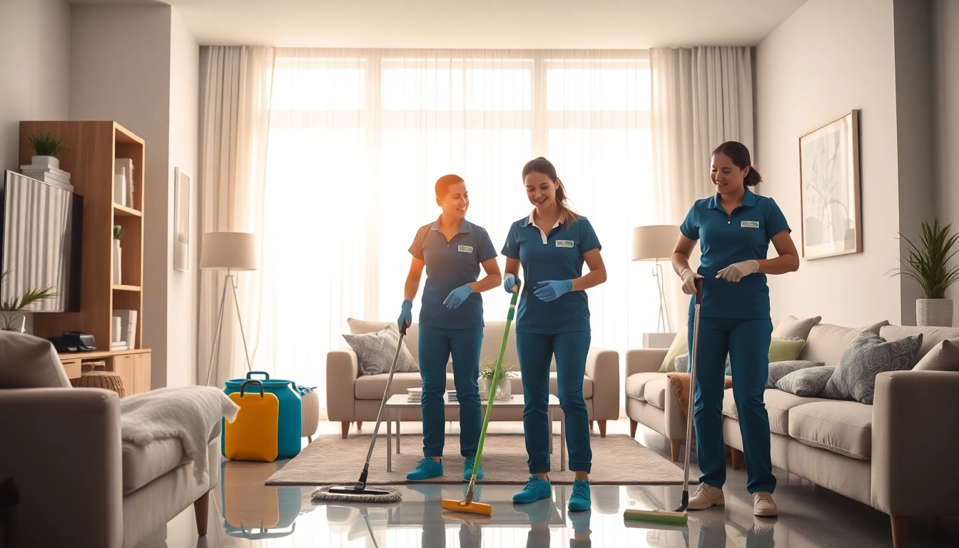 Dedicated team from a cleaning company efficiently working in a sunlit living room.