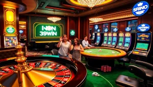 Experience the thrill of 389WIN at a vibrant casino with excited players and luxurious gaming options.
