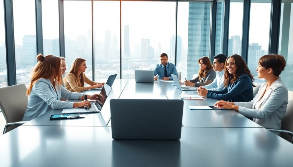 Collaborative business meeting showcasing diverse professionals discussing strategies in a modern office.