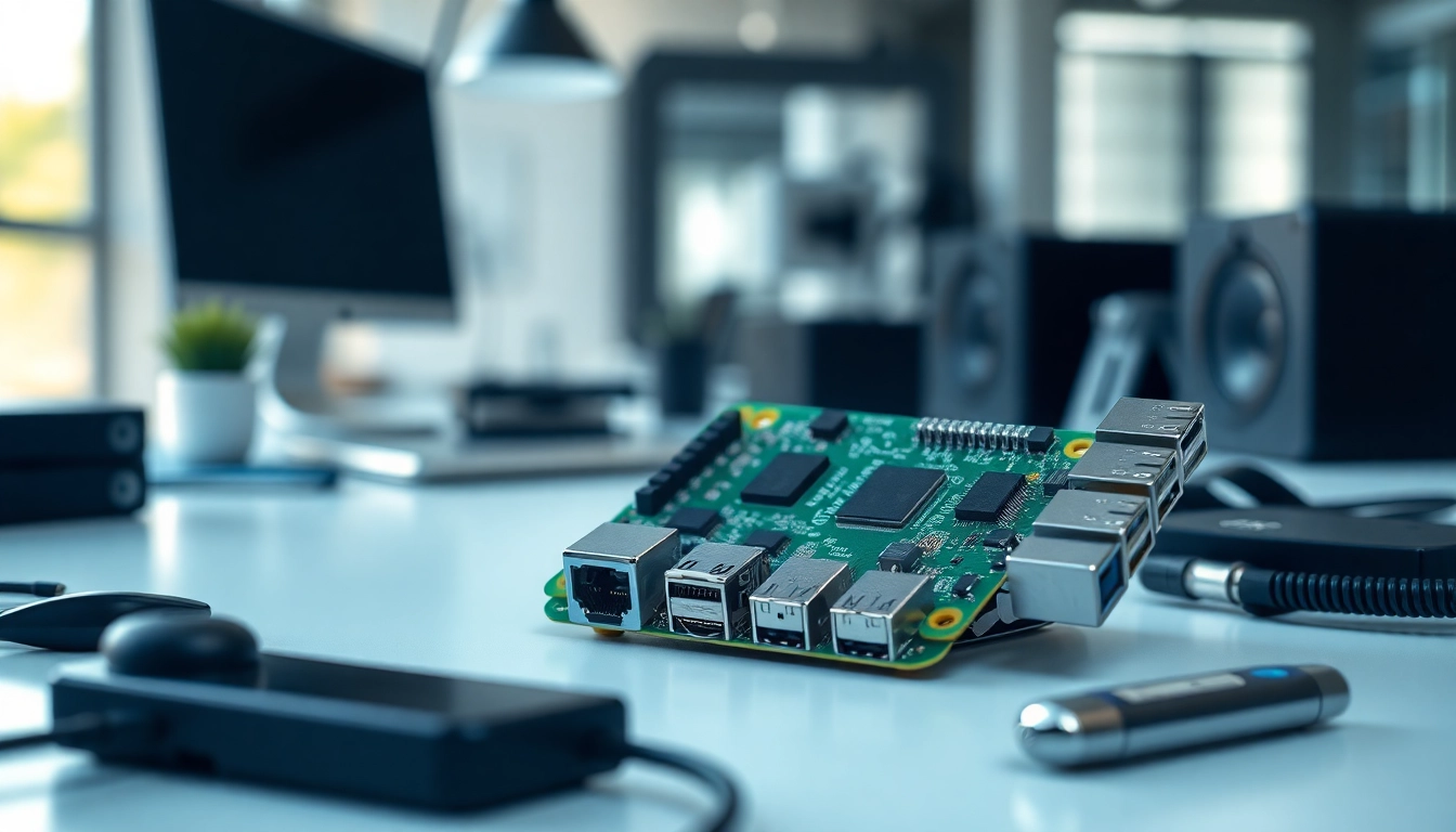 Raspberry Pi 5 vor technischer Kulisse mit modernes Design und Zubehör hervorheben.