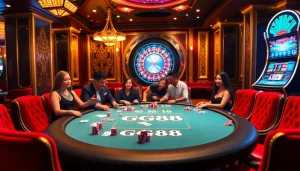 Engage with the excitement at GG88's professional casino setup with stylish tables and vibrant slot machines.