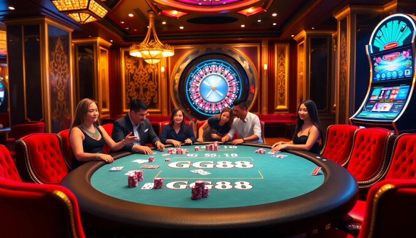 Engage with the excitement at GG88's professional casino setup with stylish tables and vibrant slot machines.