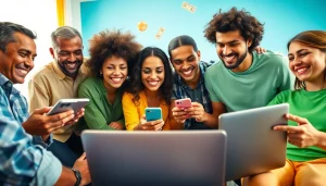 Players engaging with जलवा गेम on smartphones and laptops, showcasing excitement and interaction in a vibrant atmosphere.