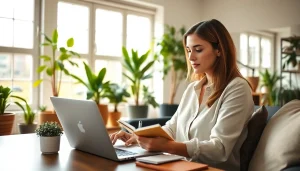 Engaged professional posting remote sales jobs in a bright home office setting.