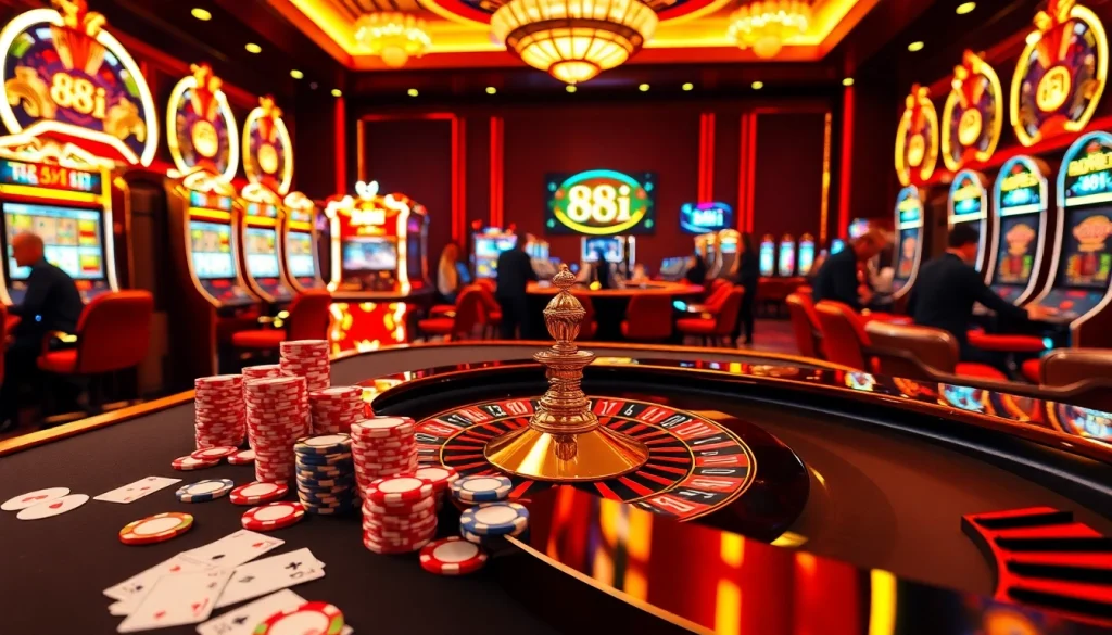 Players enjoying an exciting game at the 88i casino table, showcasing poker chips and cards.
