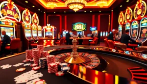 Players enjoying an exciting game at the 88i casino table, showcasing poker chips and cards.