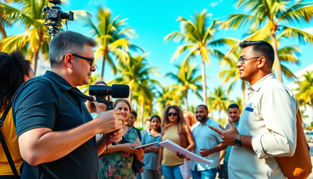 Engaging South Florida Reporter interviewing diverse locals in a vibrant park setting.