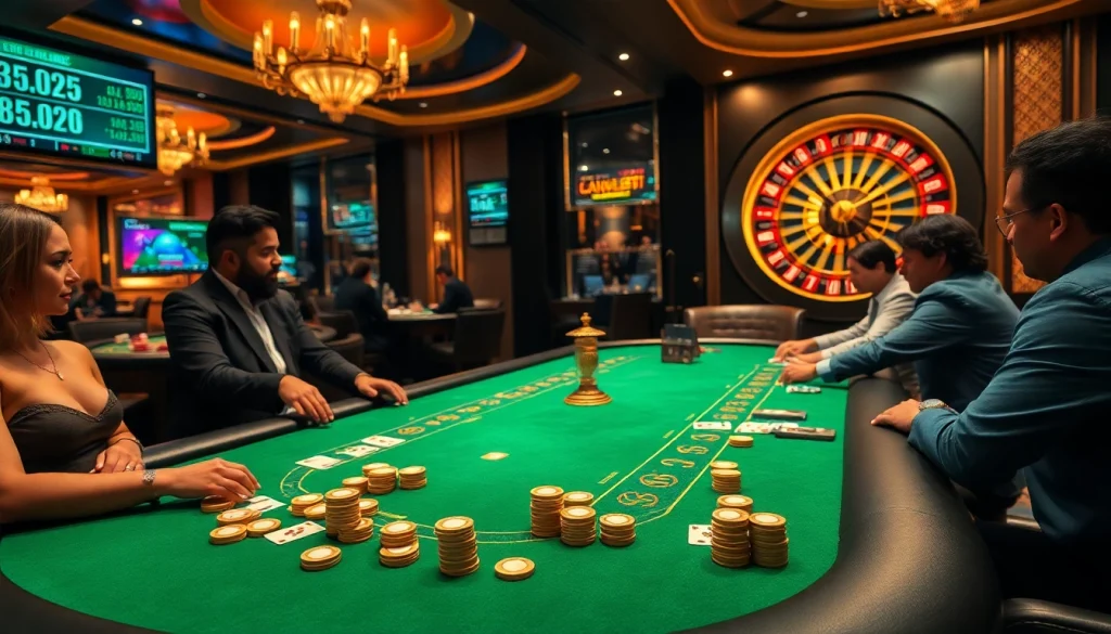 Experience the thrill of vaoluoitv with a vibrant casino scene featuring poker tables and roulette wheels.