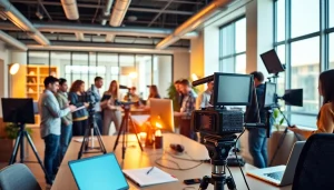 Engaging corporate video production Calgary setup showcasing collaboration in a vibrant office.