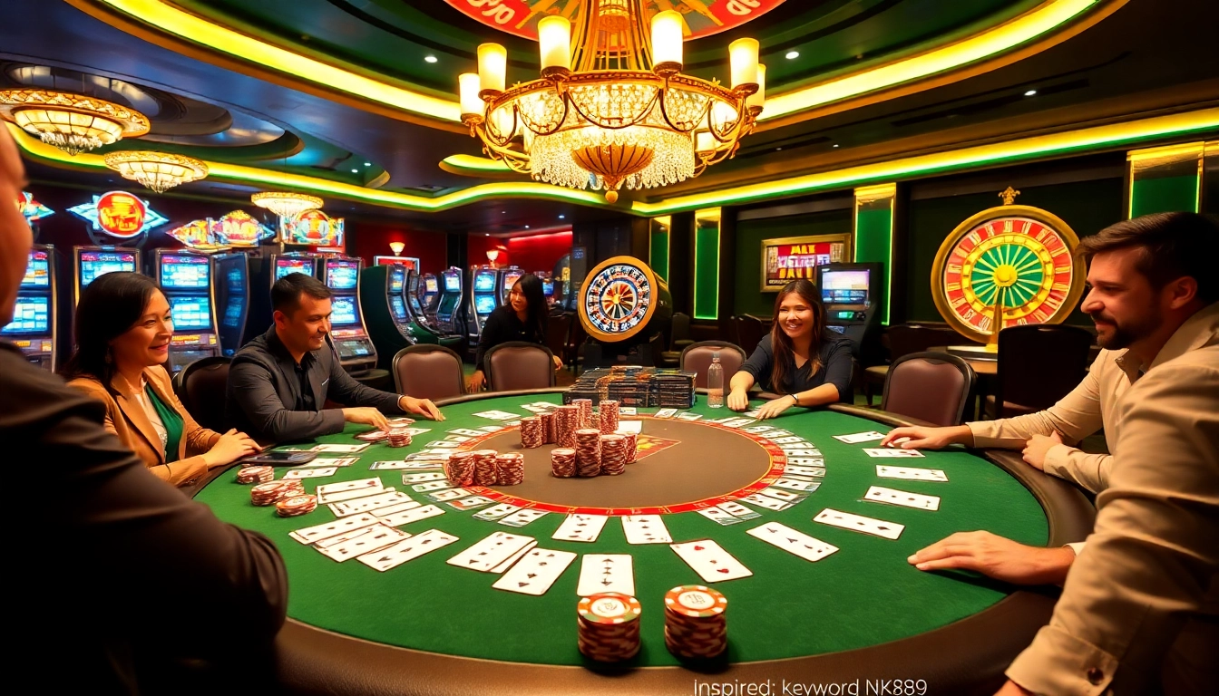 High-stakes poker scene at NK88 casino featuring players and vibrant chips.