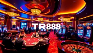 Experience the thrill of the casino gaming floor at website TR88 with vibrant tables and eager players.