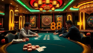 Players enjoy an exciting poker game at a Man88 casino table surrounded by luxury and high-stakes action.
