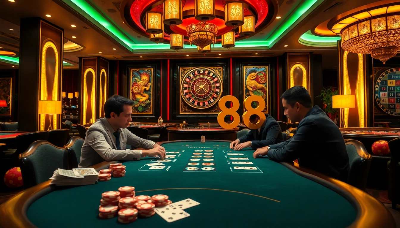 Players enjoy an exciting poker game at a Man88 casino table surrounded by luxury and high-stakes action.