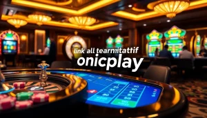 Online gambling excitement featuring a 'link alternatif onicplay' interface with poker chips and a roulette wheel.