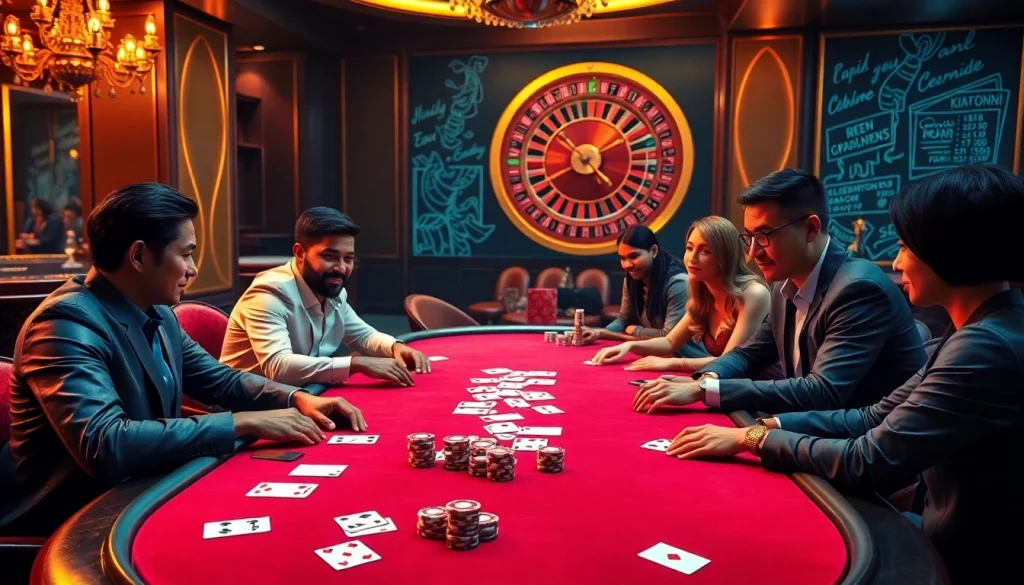 Exciting رמי אונליין poker game at a luxurious casino table, showcasing vibrant chips and cards.