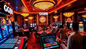 GG88 gamblers enjoying thrilling games at a luxurious online casino.