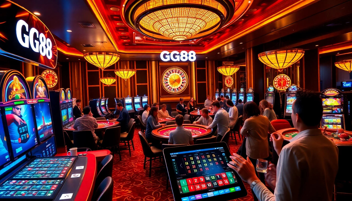 GG88 gamblers enjoying thrilling games at a luxurious online casino.