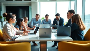 Engaged team brainstorming gambit marketing strategies in a professional office setting.
