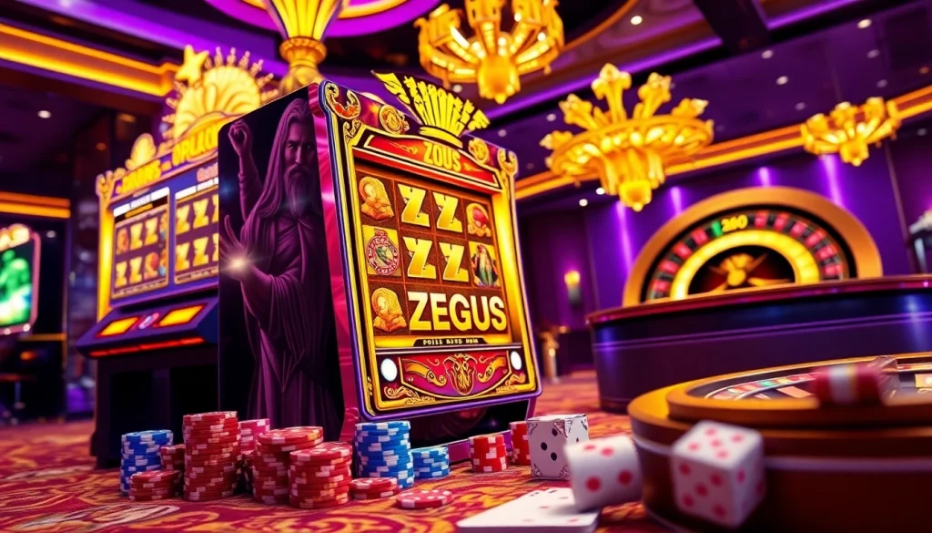 Pemain merayakan kemenangan jackpot pada mesin Slot Zeus, dikelilingi oleh chip poker dan dadu.