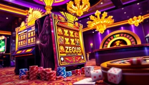 Pemain merayakan kemenangan jackpot pada mesin Slot Zeus, dikelilingi oleh chip poker dan dadu.