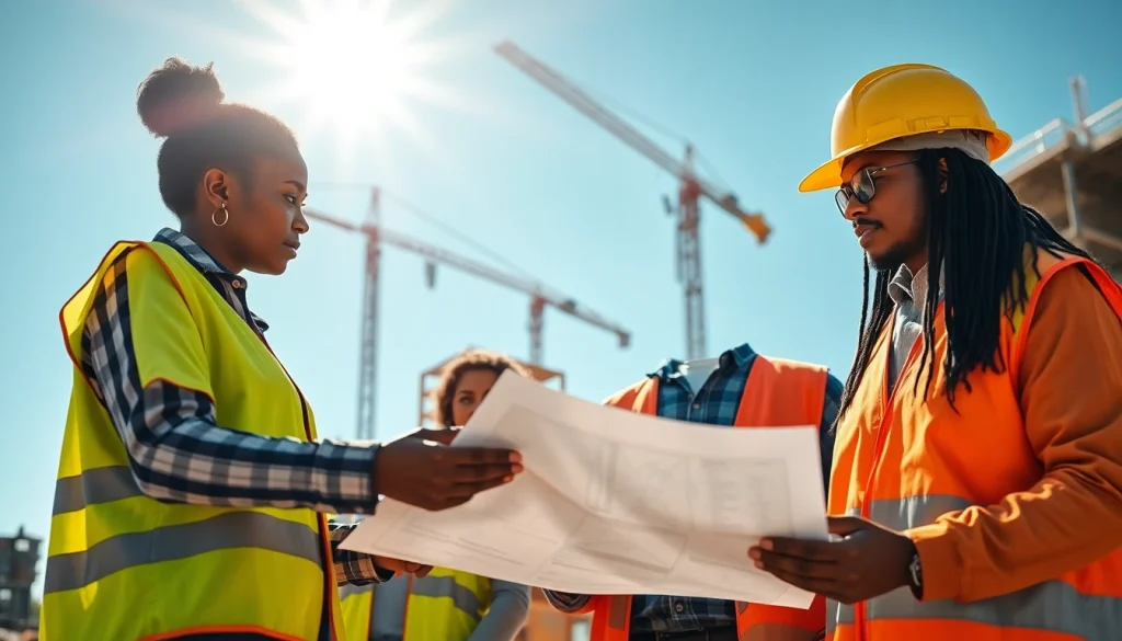 Careers in construction highlight diverse professionals collaborating on a lively building site.