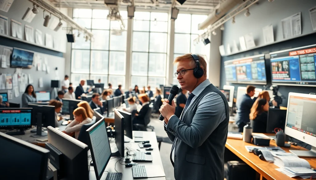 Usa Today journalist in an active newsroom, showcasing vibrant teamwork and current events.