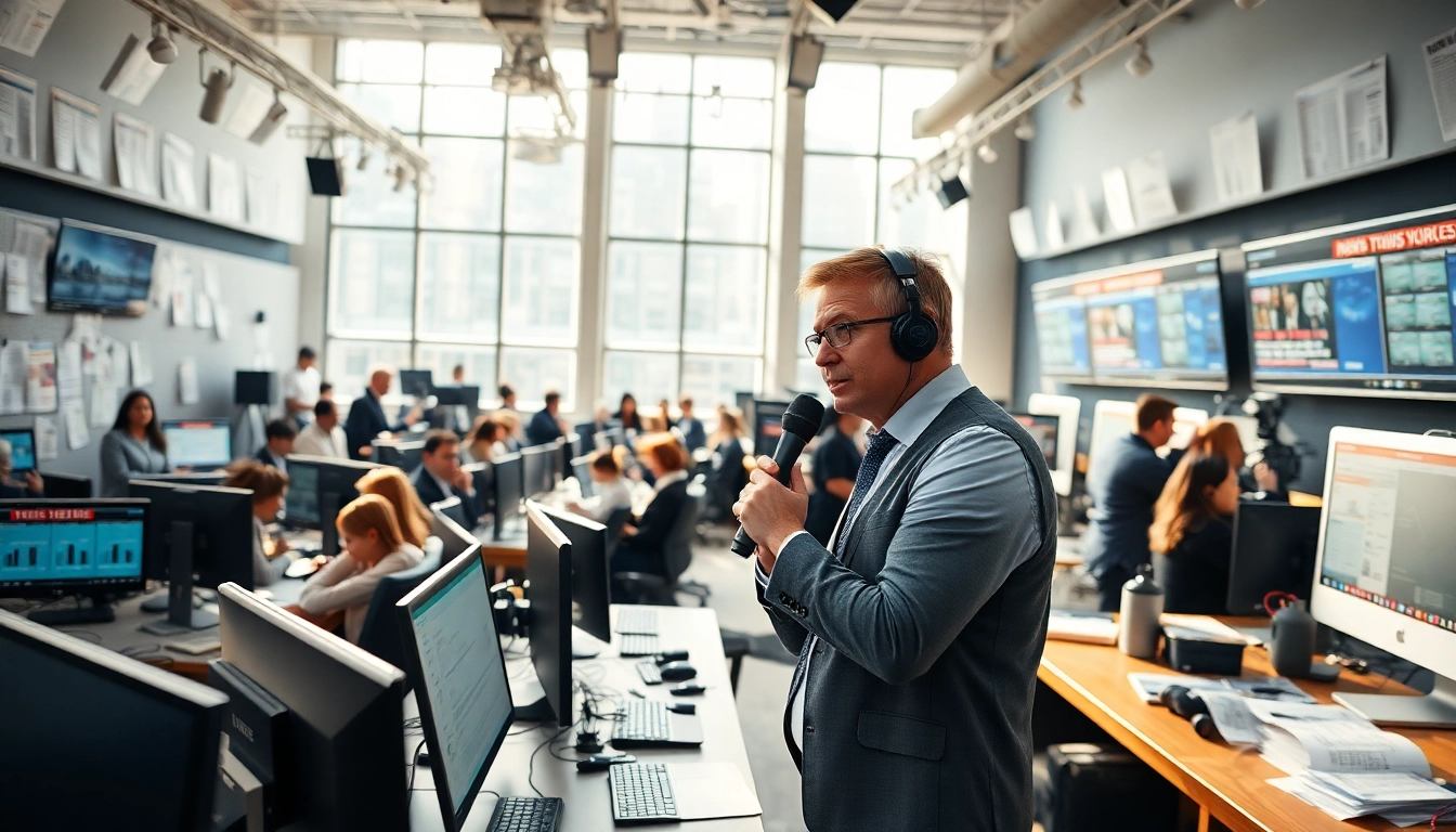 Usa Today journalist in an active newsroom, showcasing vibrant teamwork and current events.