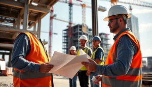 New Jersey Commercial General Contractor overseeing a bustling construction site with workers and machinery.