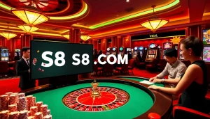Experience the excitement of gaming at S8.COM with players engaging at a roulette table and slot machines.