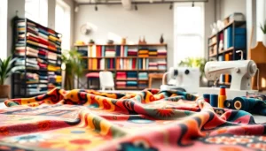 Bekijk een kleurrijke selectie fleece stof prints op een uitnodigende stoffen tafel.