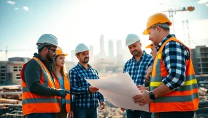 Showcasing construction association Colorado workers collaborating at a building site.