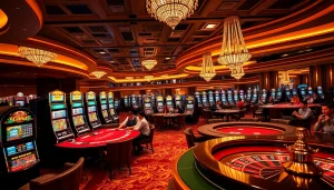 Excited players enjoy a thrilling gaming experience at onicplay casino tables, with vibrant slot machines in the background.
