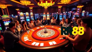 Gamble at RR88 with vibrant casino tables and enthusiastic players enjoying an exciting atmosphere.