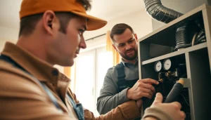 Expert performing furnace repair lewisboro in a cozy home environment emphasizing professionalism.