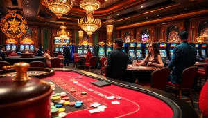 KUWIN casino scene featuring elegant poker tables and vibrant slot machines in action.